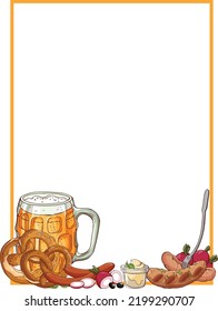 Vektorrahmen und Glasmug aus Bier, Brezel, Wurst, Radieschen, Sauce. Design mit traditionellen bayerischen Speisen und Getränken für Oktoberfest-Karte, Poster, Einladung, Menü.