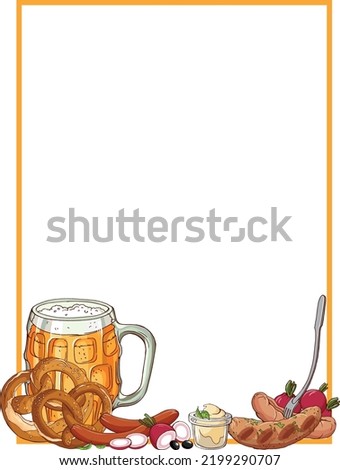 Vector frame and glass mug of beer, pretzel, sausage, radish, sauce. Design with traditional bavarian food and drinks for october fest card, poster, invitation, menu.