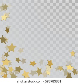 Vector frame of gold confetti. Gold 3d stars on transparent background