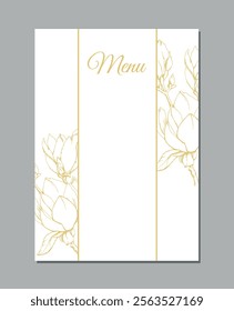 Vector frame with gold contour of flowers on a white background.  Hand draw template for menu restaurant, invitation, greeting card and other design projects. 