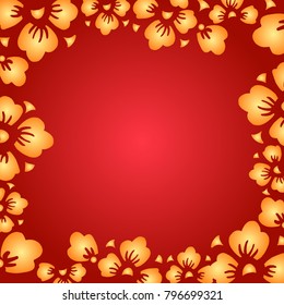 Vector frame with golden cherry flowers on red  background