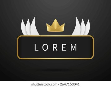 Vector frame with golden crown and white wings isolated on black background