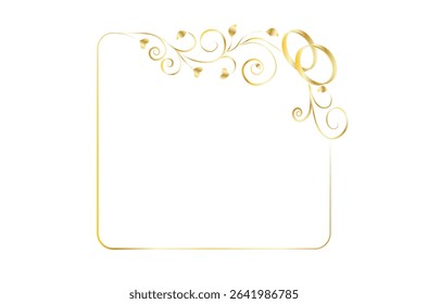 Vector frame with golden ornamental curls, leaves, hearts, and wedding rings in the top right corner. Elegant rectangular border for wedding invites, cards, or romantic designs.
