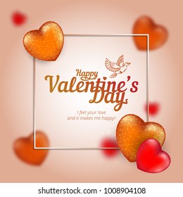 Vector frame with golden and red hearts to Happy Valentine's Day consisting of polygons and points with flying dove. Perfect to use for print layouts, web banners design and other creative projects