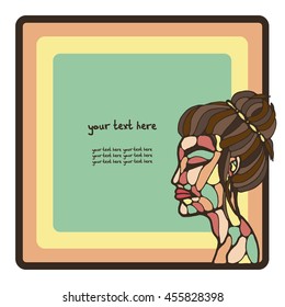 Vector frame with a graphic image of a girl face. The theme of yoga and relax. Handmade. Trendy card. There is a place for your text. It can be used for packaging, invitations, greeting cards, etc.
