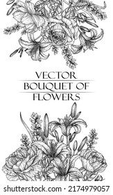 Vector frame graphic linear flower bouquets  Banner template and rose  tiger lily   lavender in engraving style