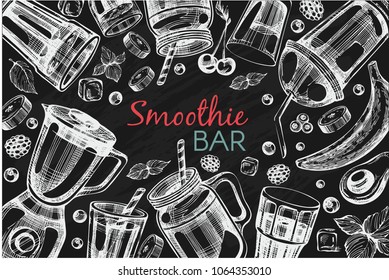 Vector frame with graphic smoothie illustrations. Smoothie bar, summer drinks, fresh menu