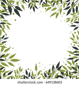 Vector frame of green branches with leaves and splashes. Fresh summer design for your packaging, posters, invitations, greeting cards and any other of your idea