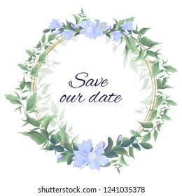 Vector frame with green leaves. Gold frame, green leaves, flowers of freesia. Save our date. All elements are isolated.