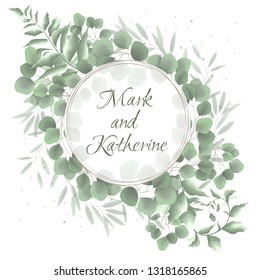 Vector frame with green leaves. Golden round frame, leaves. All elements are isolated.