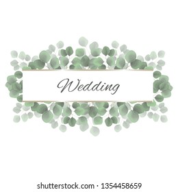 Vector frame with green leaves. Golden frame, leaves. All elements are isolated. Wedding invitation template.