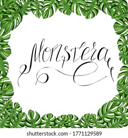 Vektorgrafik, Rahmen aus den grünen Blättern von Monstera und Schrift auf weißem Hintergrund für Design, Druck, Textilien