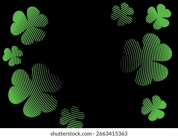 Vector frame of green shamrocks on a black background. Modern pattern of leaves. Design element for packaging advertising, videos, covers, textiles. Trendy vector background. Irish motif