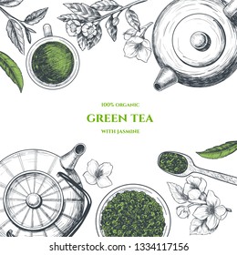  Vector frame with green tea.  Hand drawn. Vintage style