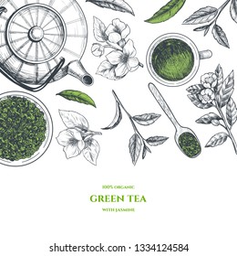  Vector frame with green tea.  Hand drawn. Vintage style