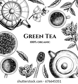  Vector frame with green tea.  Hand drawn. Vintage style