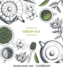  Vector frame with green tea with jasmine.  Hand drawn. Vintage style