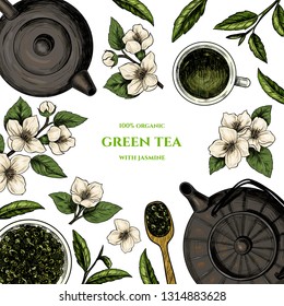  Vector frame with green tea with jasmine.  Hand drawn. Vintage style