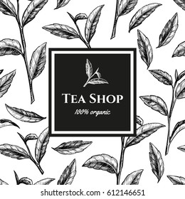  Vector frame with green tea. Tea shop. Hand drawn. Vintage style