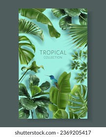 Vector frame with green tropical leaves and hummingbird on turquoise background. Exotic botanical design for cosmetics, spa, perfume, beauty salon, travel agency. Best as packaging design