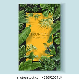 Vector frame with green tropical leaves and hummingbird on yellow background. Exotic botanical design for cosmetics, spa, perfume, beauty salon, travel agency, florist shop. Best as packaging design