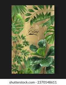 Vector frame with green tropical leaves on golden background. Exotic botanical design for cosmetics, spa, perfume, beauty salon, travel agency, florist shop. Best as packaging design