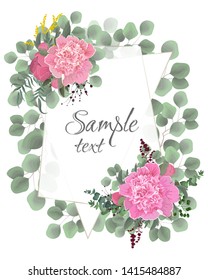 Vector frame for greeting card. Peony flowers, berries, green leaves and plants. Elements for wedding design.