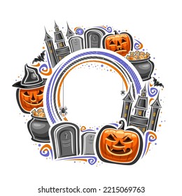 Vector frame for Halloween with blank copy space for greeting text, decorative sign with carved eerie halloween jack-o-lantern in hat, mystical castle, flying bat and spider on web on white background
