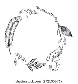 Vektorrahmen mit Halloween Hexenbesen, Vogelfeder, Hut und Fledermaus. Handgemalte lineare Illustration der Zaubererkappe. Grafische monochrome Skizze einzeln auf Hintergrund. Für Designer, Prints, Logo, Icon