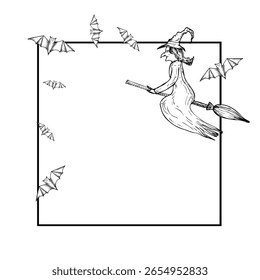 Quadro vetorial com bruxa halloween voando em um chapéu de bruxa de vassoura e morcego. Ilustração de cap de assistente linear pintada à mão. Esboço monocromático gráfico isolado no plano de fundo. Para designers, impressões, logotipo, ícone