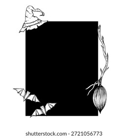 Vector frame with halloween witch flying on a broom witch hat and bat. Hand painted linear wizard cap illustration. Graphic monochrome sketch isolated on background. For designers, prints, logo, icon