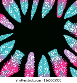 Vector frame Hand drawing ornament of feathers isolated on a dark square background. Kids bright design