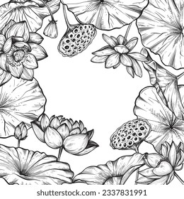 Vektorrahmen mit handgezeichnet blühenden Lotusblumen und Blättern. Beste Einladung, Grußkarte