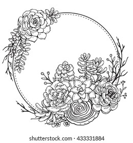 Vector frame with hand drawn composition of succulent plants on white background. Black and white graphic frame for print, coloring book, invitation card