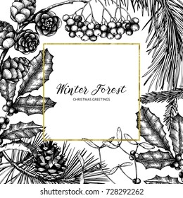 Vector frame with hand drawn conifers, holly berries, mistletoe, cones, mountain ash. Holiday decor elements. Vintage Christmas or New Year card design. Winter template
