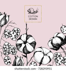 Vector frame with  hand drawn cotton and honesty branches with snails. Vintage illustration with flower buds illustrations. Wedding card or invitation design