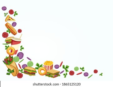 Vector frame with hand drawn dishes from fast food restaurant. High-calorie foods for the unhealthy diet menu. Fried snacks, sodas, sweet desserts, burgers and healthy vegetable sandwiches