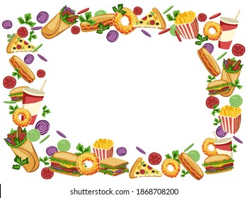 Vector frame with hand drawn dishes from fast food restaurant. High-calorie foods for the unhealthy diet menu. Fried snacks, sodas, sweet desserts, burgers and healthy vegetable sandwiches