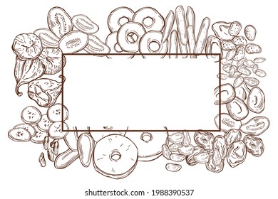 Vector frame with hand drawn dried fruits. Sketch  illustration.