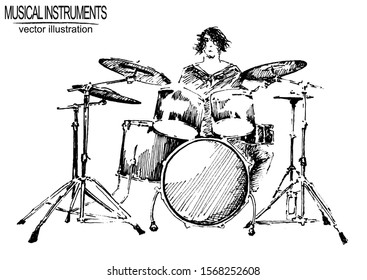 Vector frame with hand drawn drum set and drummer on white background. Black and white sketch with line art.