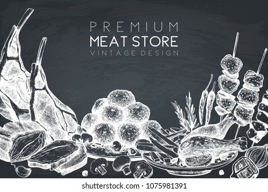 Vector frame  with hand drawn food illustration for poster, logo, packaging, invitation design. Restaurant menu. Meat products collection. Vintage template on chalkboard