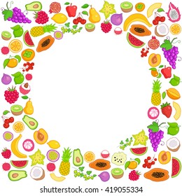 Vector frame of hand drawn fruit and berries icons. Doodle set of different colored cut fruits and berries. Healthy food. Exotic fruits. Collection of fruits and berries in round frame 