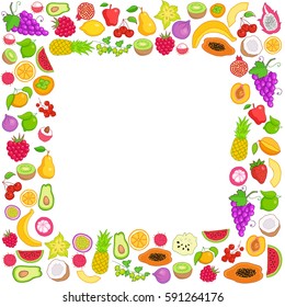 Vector frame of hand drawn fruit and berries icons. Doodle set of different colored cut fruits and berries. Healthy food. Exotic fruits. Collection of fruits and berries in round frame 