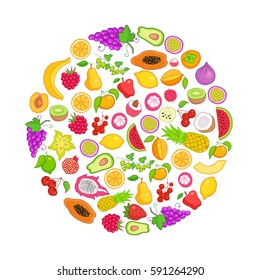 Vector frame of hand drawn fruit and berries icons. Doodle set of different colored cut fruits and berries. Healthy food. Exotic fruits. Collection of fruits and berries in round frame 