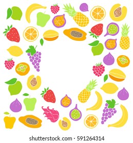 Vector frame of hand drawn fruit and berries icons. Doodle set of different colored cut fruits and berries. Healthy food. Exotic fruits. Collection of fruits and berries in round frame 