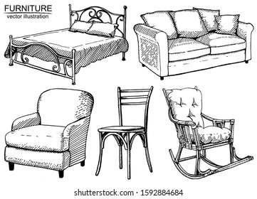 Vector Frame With Hand Drawn Furniture On White Background. Armchair, Bed, Chair, Sofa, Rocking Chair. Black And White Sketch With Line Art.