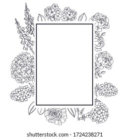 Vector frame with hand drawn garden flowers.  Sketch  illustration.