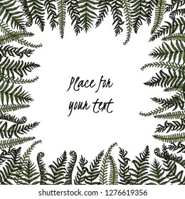 Vector frame with hand drawn graceful fern leaves. Ink drawing, beautiful floral design elements.