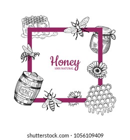 Vector frame with hand drawn honey elements flying around it and place for text illustration
