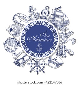 Vector frame with hand drawn marine items. Vector  illustration for your design